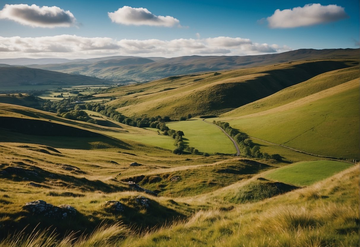 Lush green landscape of Scotland with rolling hills and a clear blue sky, perfect for a visit