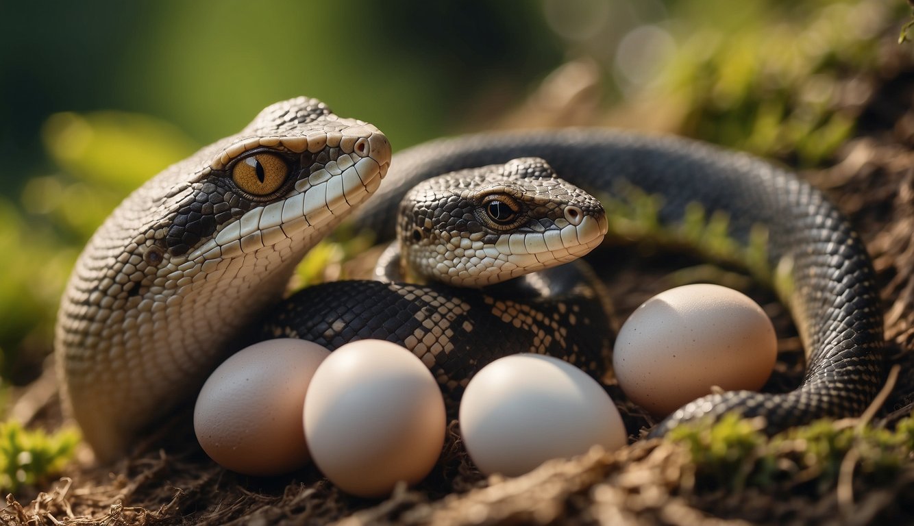 Reptiles lay eggs or give birth.

Scene: A snake coiled around a clutch of eggs, while a lizard nurses its newborn offspring