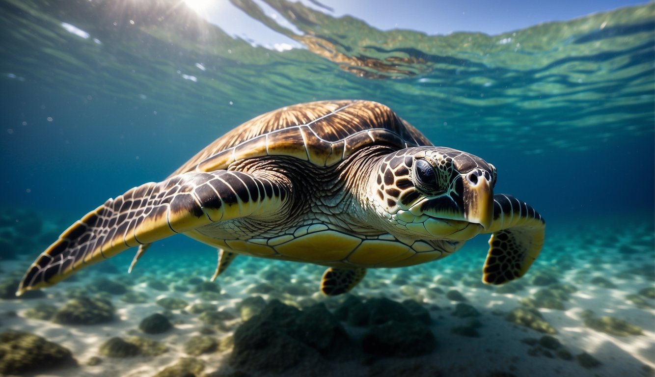 A sea turtle swims through crystal-clear blue waters, gracefully navigating the ocean using its powerful flippers and streamlined body