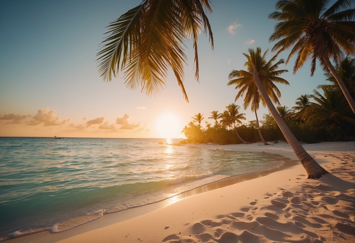 The sun sets over crystal-clear waters, casting a warm glow on the white sandy beaches and palm trees, creating a serene and idyllic atmosphere for a perfect Bahamas vacation