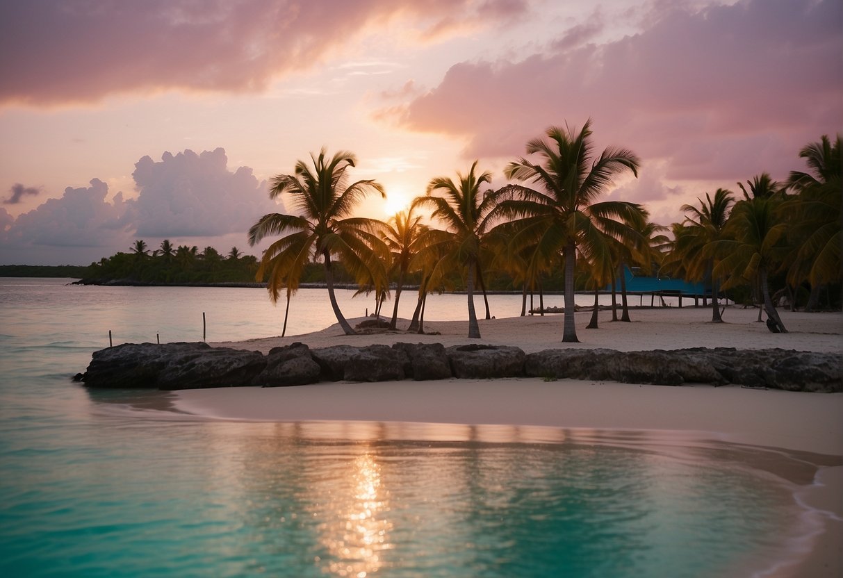 The sun sets over the calm, turquoise waters of the Bahamas. Palm trees sway gently in the warm breeze as the sky turns shades of pink and orange