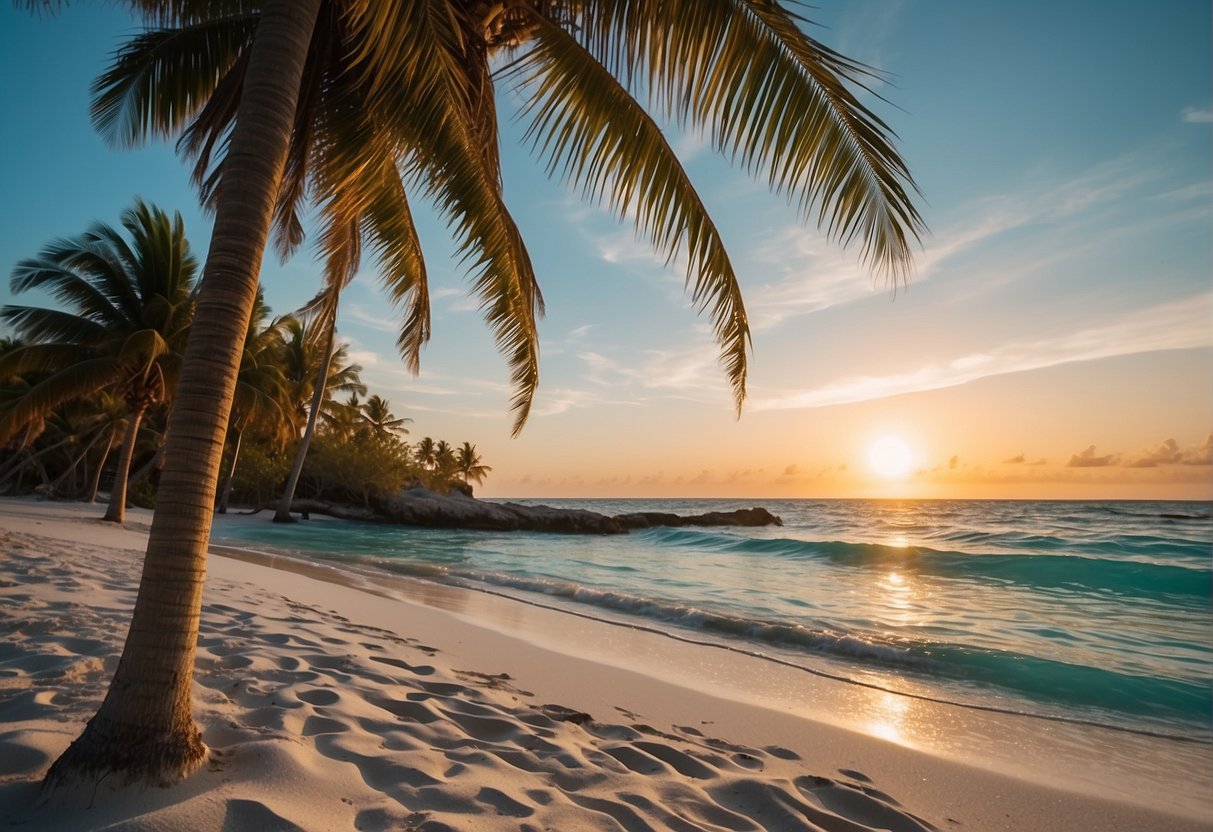 The sun sets behind palm trees on a white sand beach, as turquoise waves gently roll onto the shore in the Bahamas