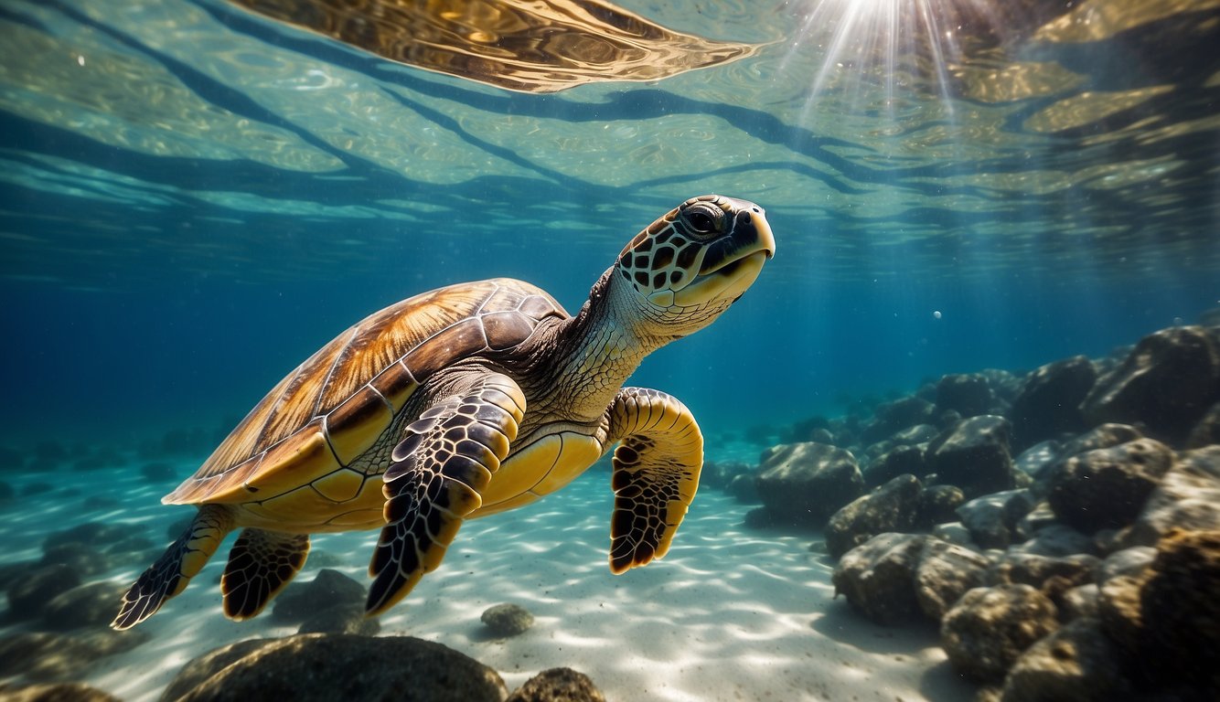 A sea turtle swims through crystal clear waters, using the sun and magnetic fields to navigate the vast ocean