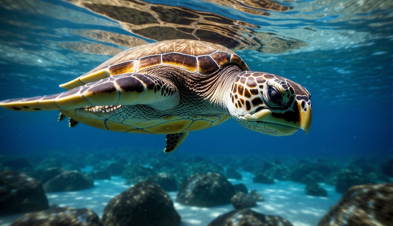 A sea turtle swims through clear blue waters, its flippers gracefully propelling it forward as it navigates the ocean depths