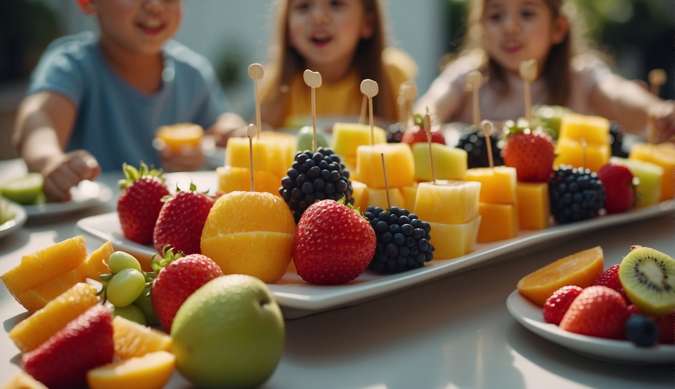 Colorful fruit skewers on a party table, with kids reaching for them eagerly