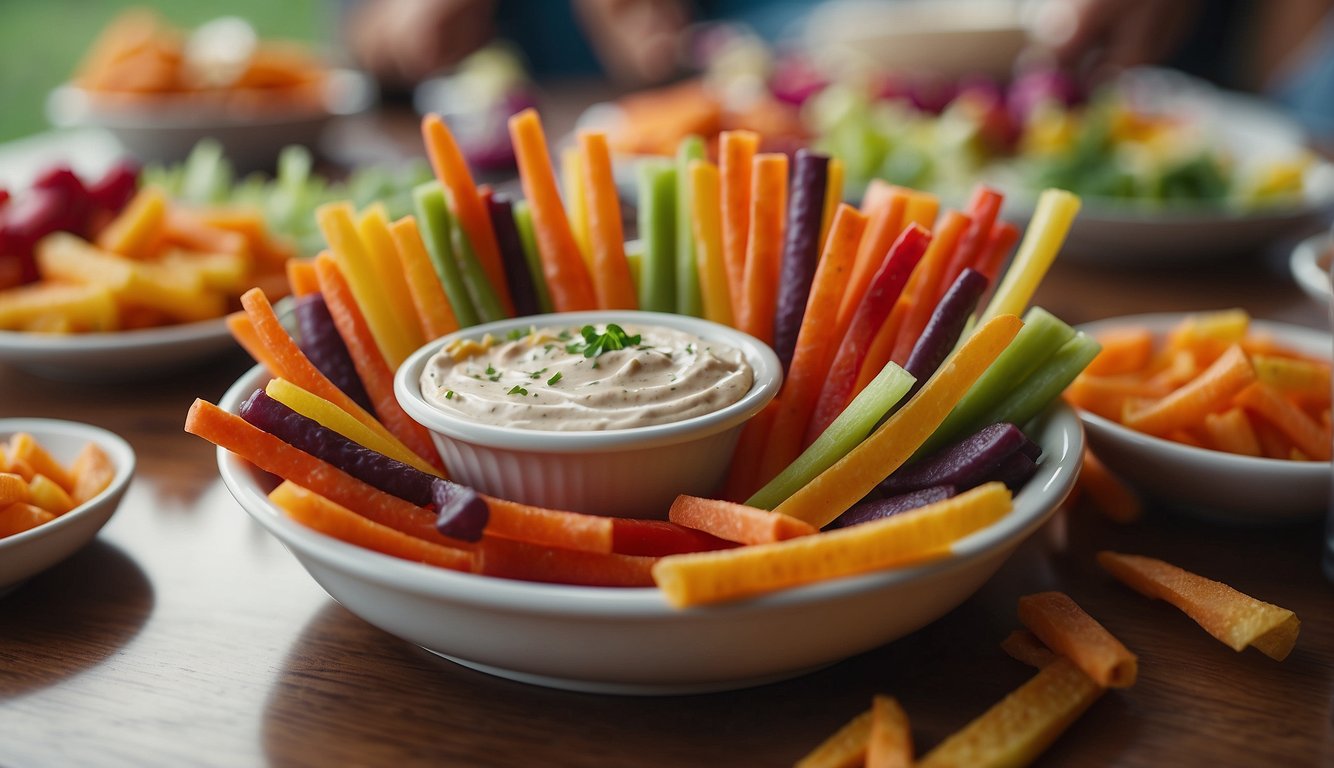 Colorful veggie sticks with dip at a kids' birthday party. Fast-paced eating