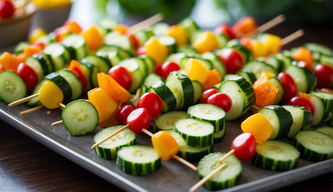 Colorful cucumber skewers for a children's birthday party, arranged on a platter for quick and easy snacking