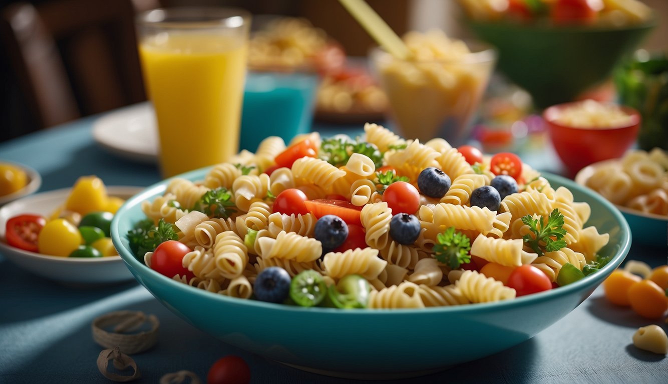 A colorful bowl of pasta salad surrounded by children's party decorations