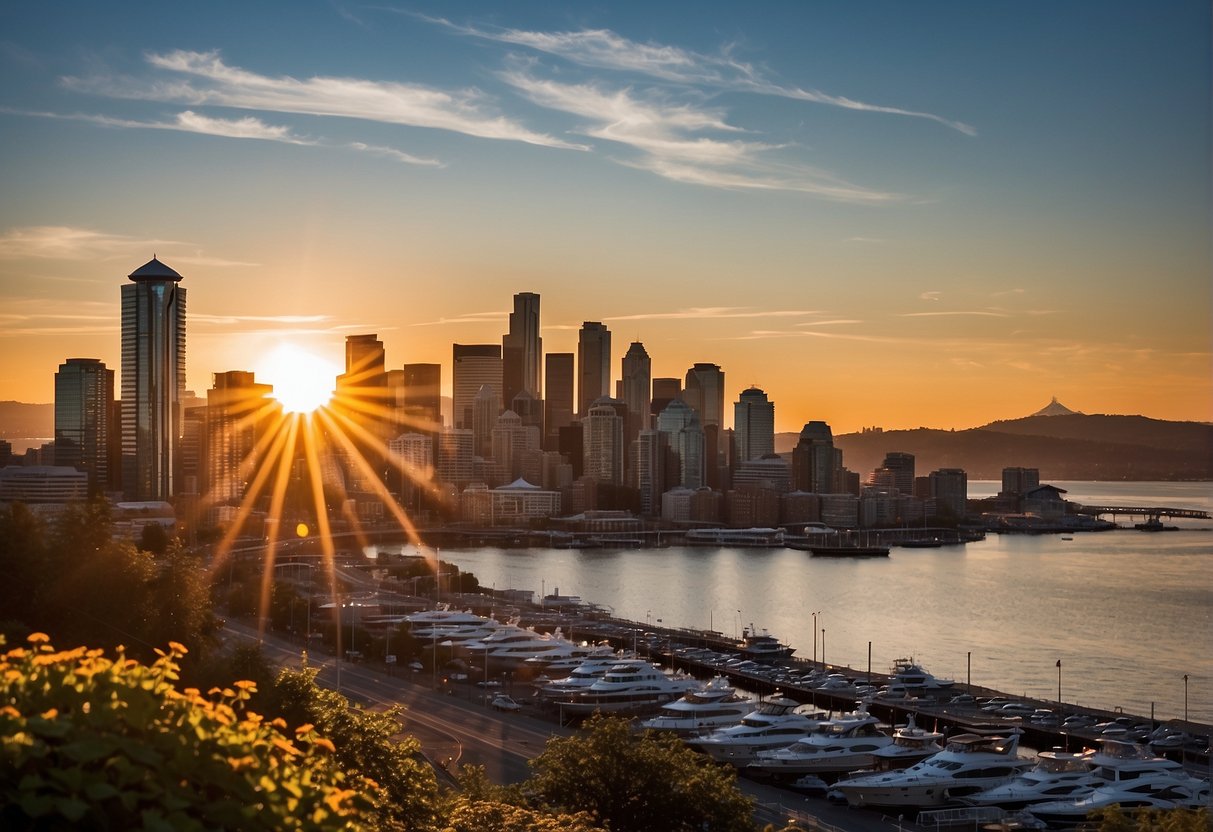 The sun sets behind the Seattle skyline, casting a warm glow over the city's iconic landmarks and reflecting off the calm waters of Puget Sound
