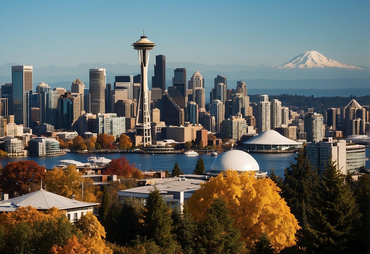 A panoramic view of Seattle during the fall, with colorful foliage, a clear blue sky, and the iconic Space Needle in the background