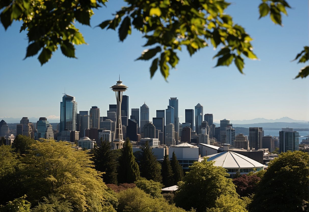 A sunny day in Seattle, with clear blue skies and a gentle breeze. The iconic Space Needle stands tall in the background, surrounded by lush green trees and the shimmering waters of Puget Sound