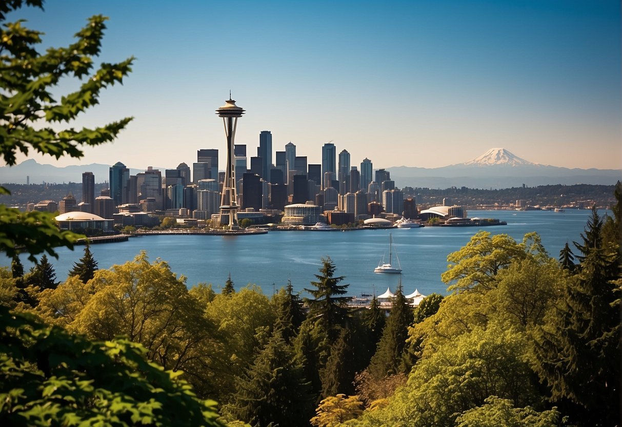 A clear, sunny day in Seattle with the iconic Space Needle in the background, surrounded by lush greenery and the shimmering waters of Puget Sound