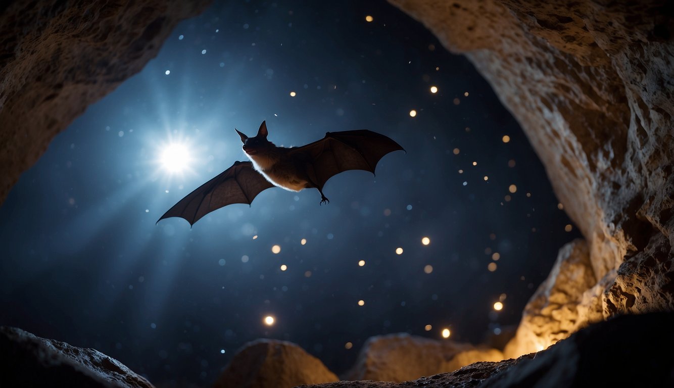 A bat flies through a dimly lit cave, emitting high-pitched sound waves.

The waves bounce off objects, creating a visual map for the bat to navigate through the darkness