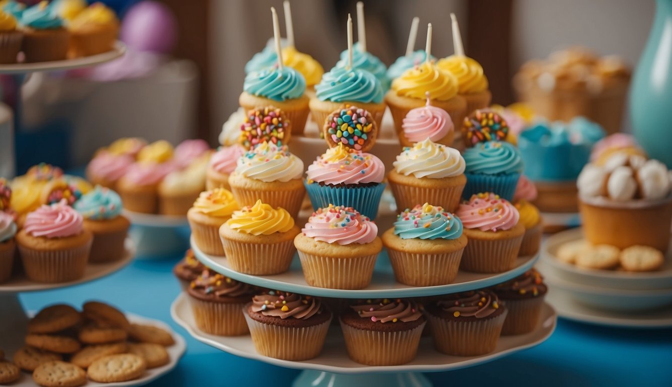 Colorful dessert table with cupcakes, cookies, and candies. Children happily eating sweets at a birthday party