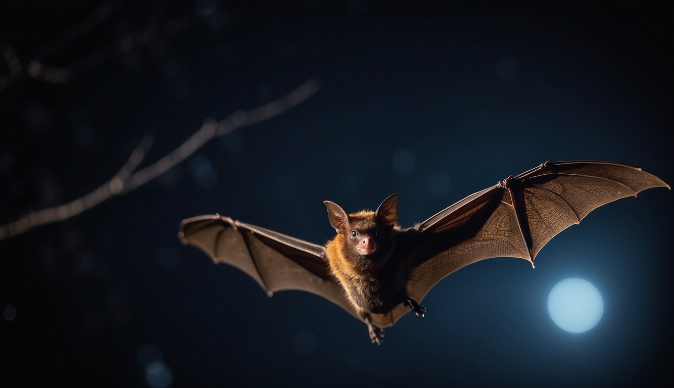Bats flying at night, using echolocation to navigate and locate prey in the dark