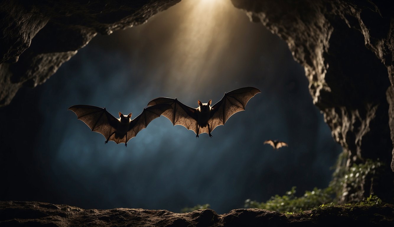 Bats flying through a dark cave, using echolocation to navigate and locate prey.

Their wings are outstretched as they emit high-pitched sounds to "see" in the darkness