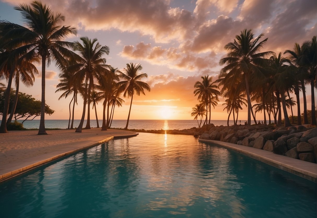 The sun sets over the calm, turquoise waters of Aruba. Palm trees sway gently in the warm breeze as the sky turns vibrant shades of orange and pink