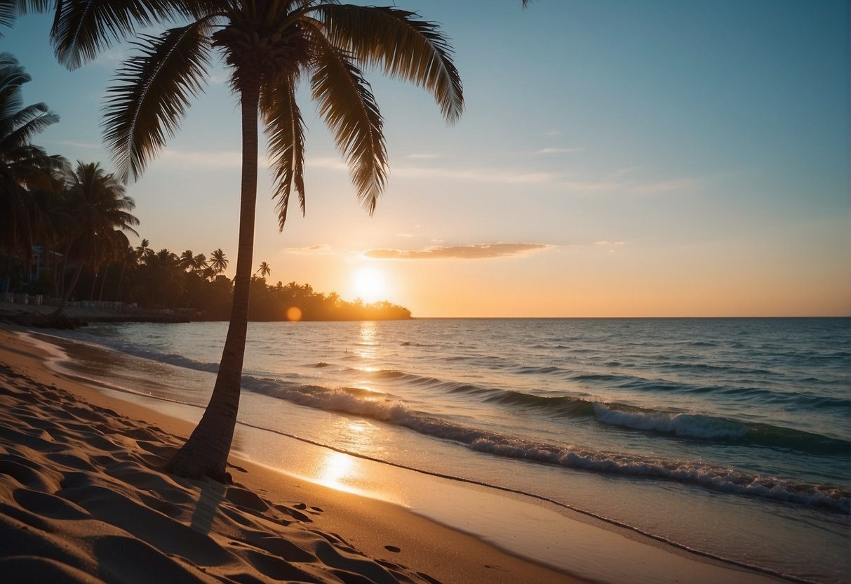 A sunny beach with clear blue water, palm trees swaying in the breeze, and a colorful sunset in the background