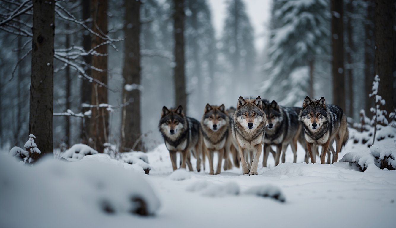 A pack of wolves hunting together in a snowy forest, with one wolf leading the group while others follow closely behind, showcasing their cooperative behavior