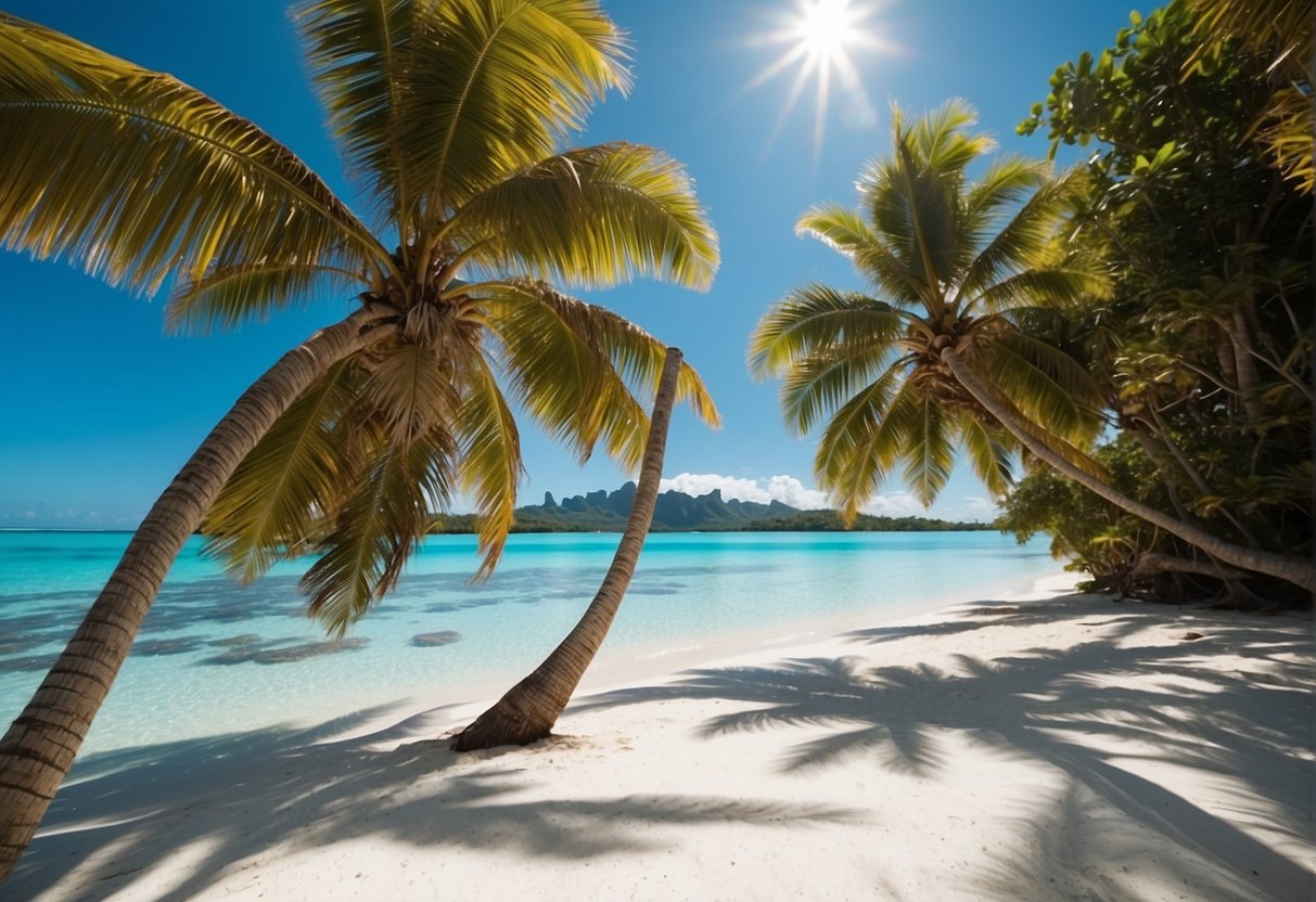A clear blue sky over crystal turquoise waters, palm trees swaying in the gentle breeze, and the sun shining brightly on the white sandy beaches of Bora Bora