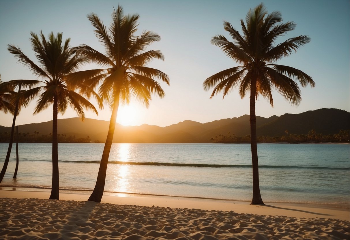 Crystal clear waters lap against white sandy beaches, as palm trees sway gently in the warm breeze. The sun sets, casting a golden glow over the tranquil lagoon