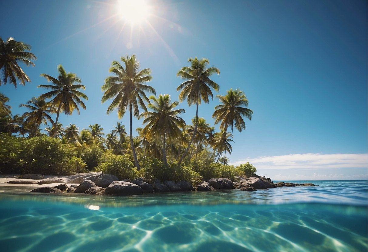 Crystal clear waters surround a small tropical island. Palm trees sway in the gentle breeze, and the sun shines brightly in the clear blue sky