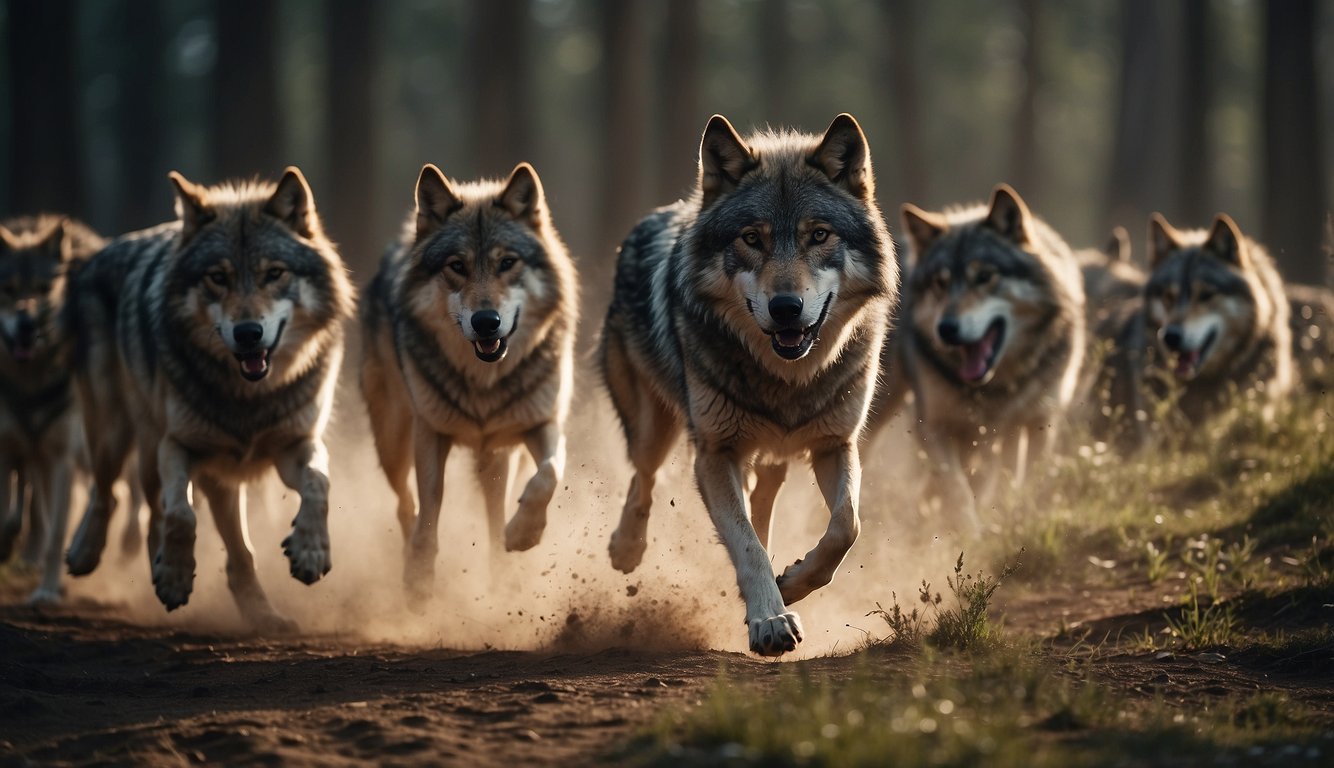 Several wolves work together to chase down a large prey animal, using coordinated tactics to corner and take it down