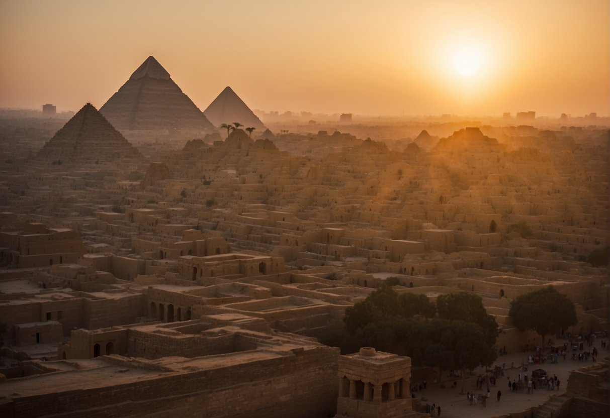 The sun sets behind the Great Pyramids, casting a warm golden glow over the ancient structures and the bustling city of Cairo