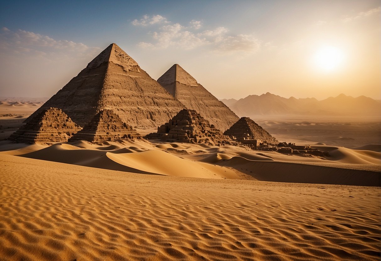 Egypt's iconic pyramids stand against a backdrop of clear blue skies and golden desert sands, with the sun casting long shadows