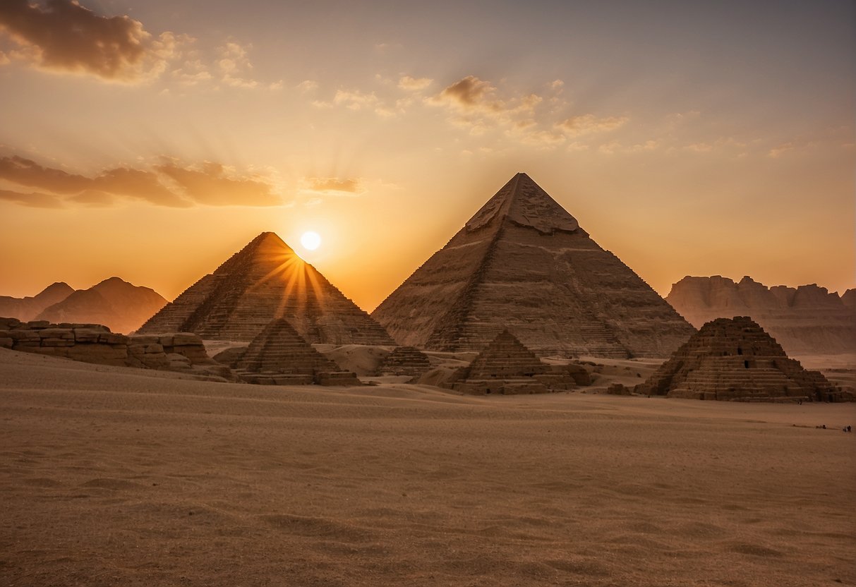 The sun sets behind the ancient pyramids, casting a warm golden glow over the desert landscape. The sky is clear and the air is still, making it the perfect time to visit Egypt