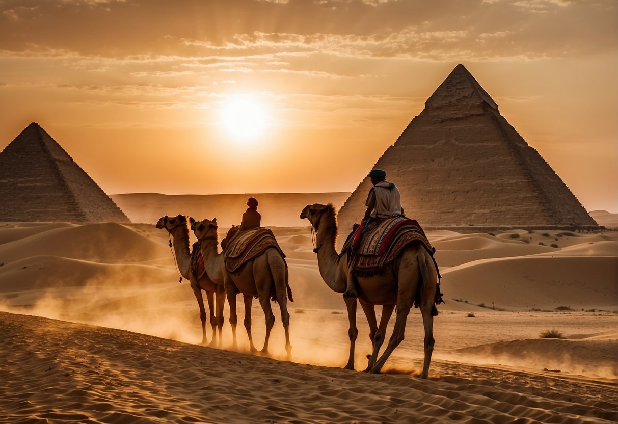 The sun sets behind the ancient pyramids, casting a warm glow over the desert landscape. A camel caravan makes its way through the sand, while the Great Sphinx stands stoically in the distance