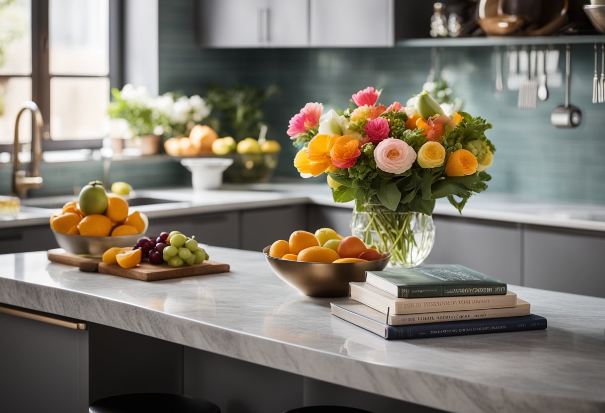 A kitchen island with a granite countertop, adorned with a vase of fresh flowers, a bowl of fruit, and a stack of cookbooks