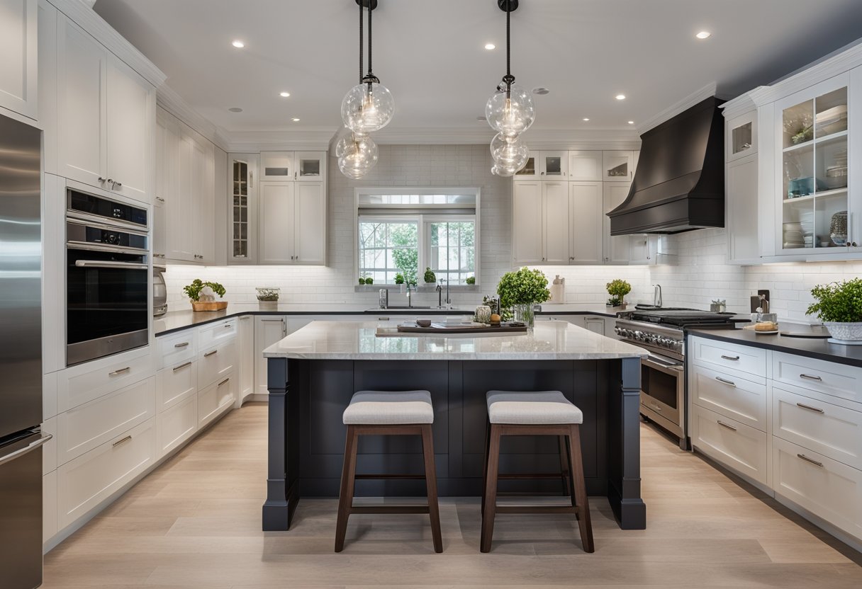 A spacious kitchen with a central island, surrounded by sleek countertops and modern appliances. The island features a built-in sink and ample storage space