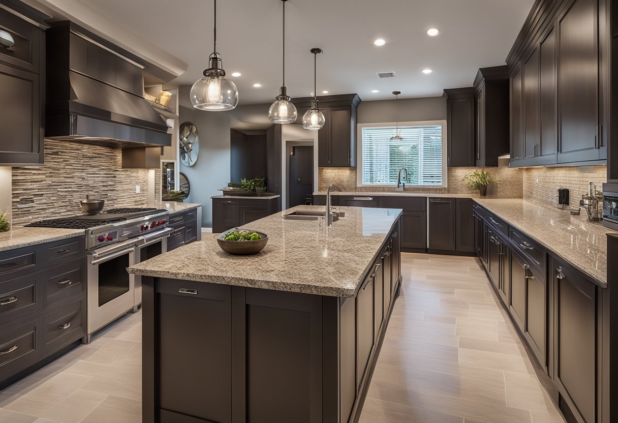 A spacious kitchen island with a granite countertop and built-in sink. Pendant lights hang above, casting a warm glow on the sleek, modern design