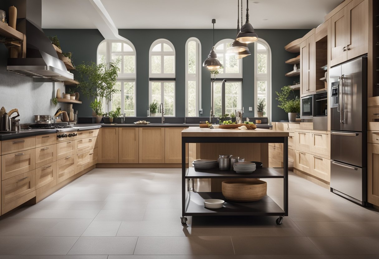 A large kitchen island sits in the center of a spacious, well-lit kitchen, with ample space around it for movement and placement of appliances and cookware