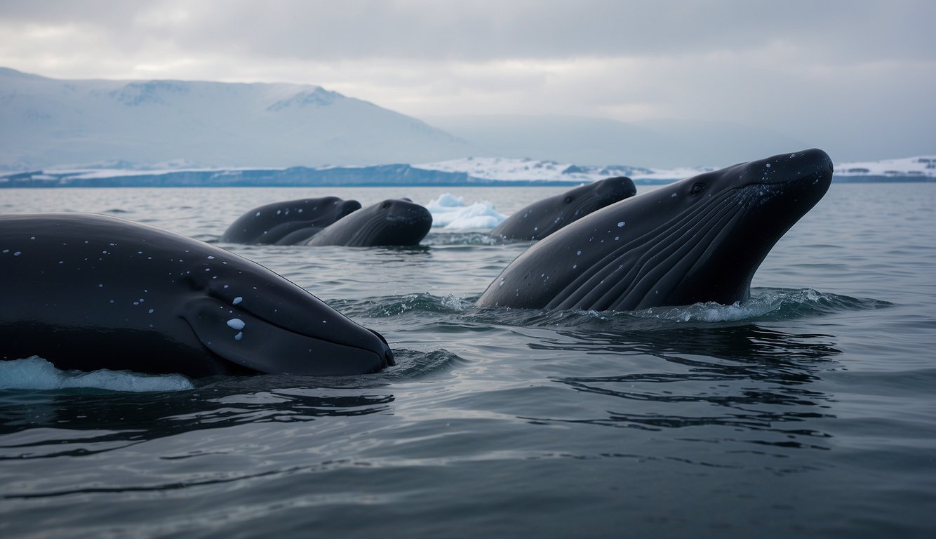A pod of bowhead whales swims gracefully through icy waters, their massive bodies gliding effortlessly as they search for food