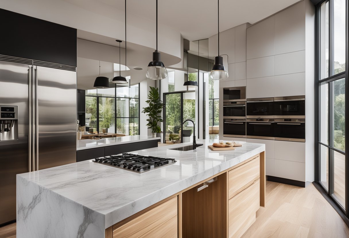 A sleek, modern kitchen island with built-in sink, stove, and storage. Light wood finish and marble countertop. Bright, open space with large windows