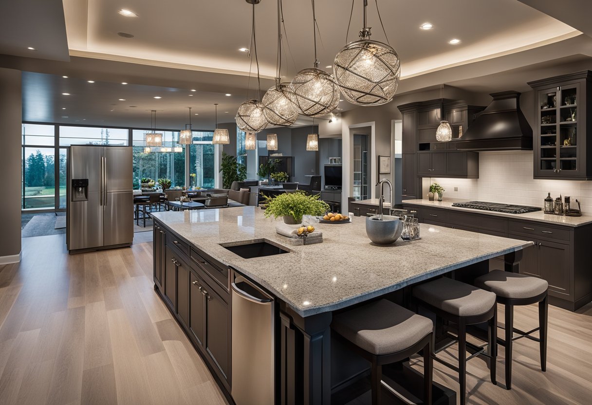 A spacious kitchen island with modern appliances and ample seating, surrounded by sleek countertops and pendant lighting