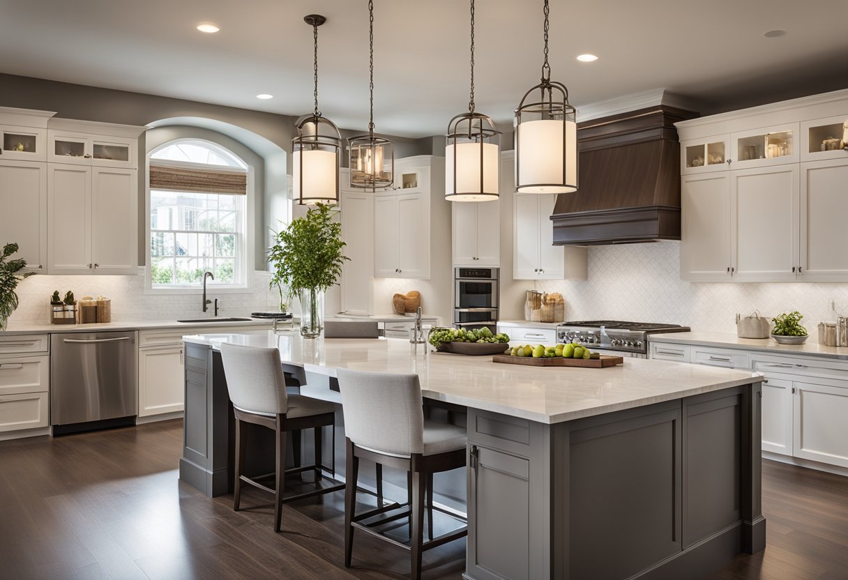 A well-lit kitchen island with pendant lights hanging from the ceiling. Electrical outlets are conveniently placed along the sides for easy access