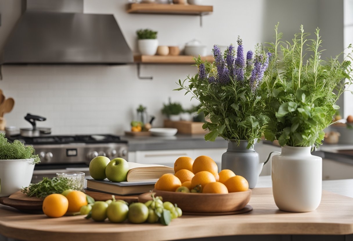 Fresh fruit, flowers, and cookbooks adorn the spacious island in the bright, airy kitchen. A pot of herbs sits in the corner, adding a touch of greenery to the inviting space