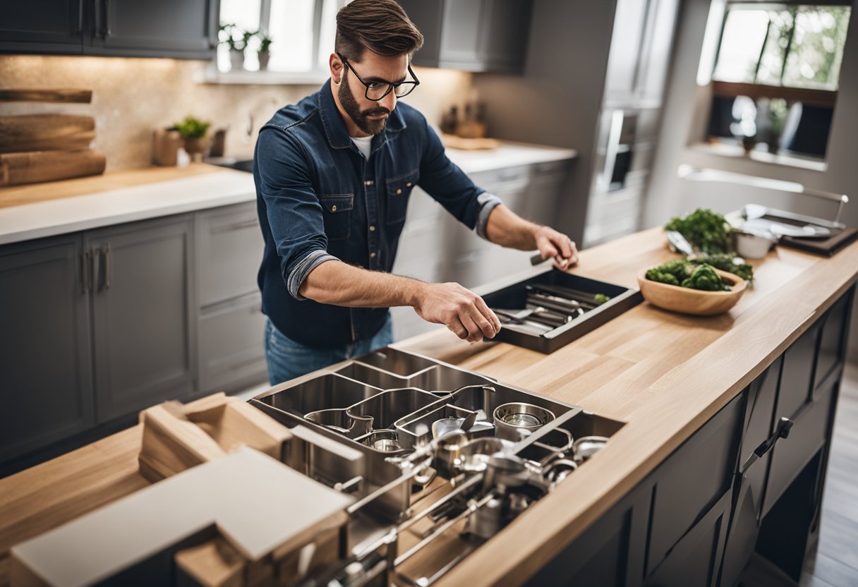 A person assembling a kitchen island vs. a professional installing one, with tools, instructions, and finished product