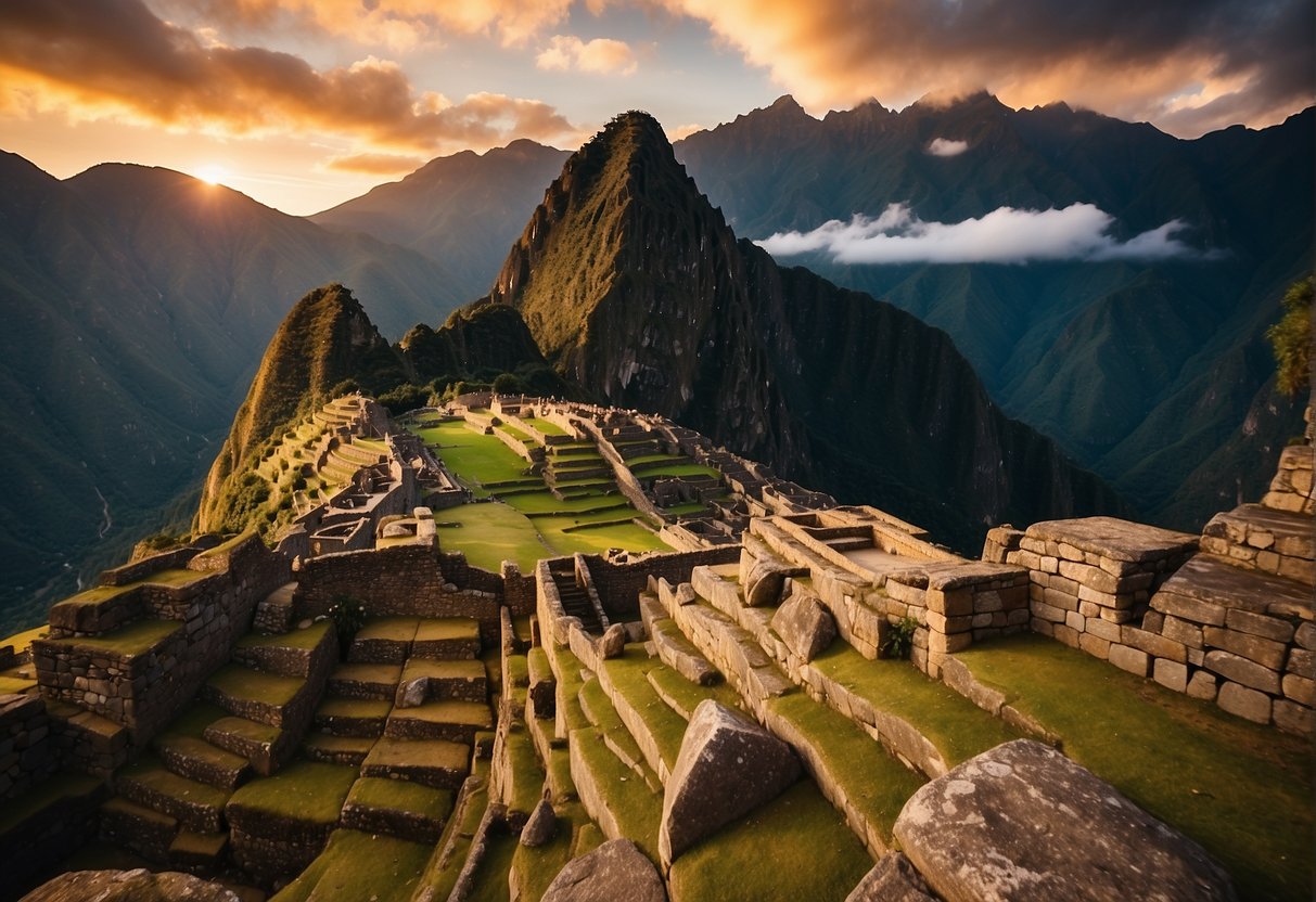 The sun sets behind the ancient ruins of Machu Picchu, casting a warm golden glow over the terraces and stone structures. The mountains in the background are shrouded in mist, creating a mystical and serene atmosphere