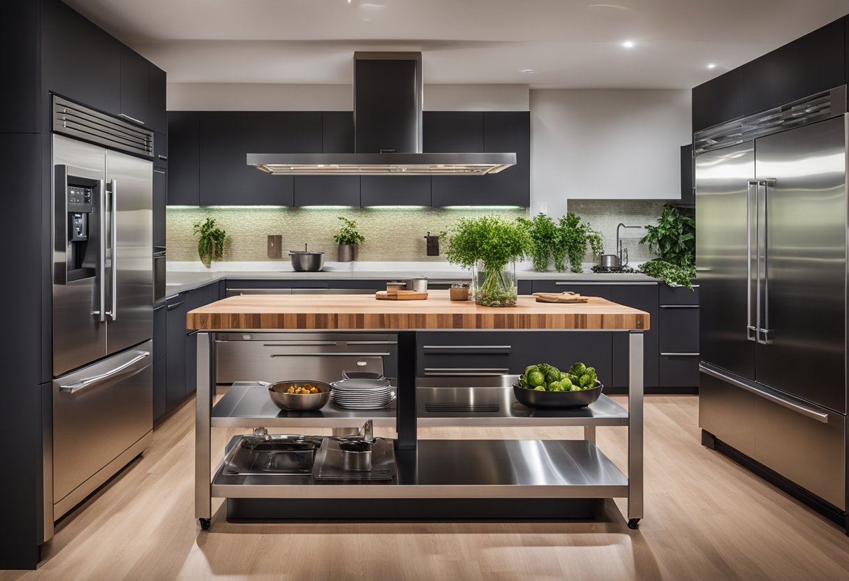 An island-shaped kitchen cart with storage shelves and a butcher block top stands in the center of a modern kitchen, surrounded by stainless steel appliances and sleek cabinetry