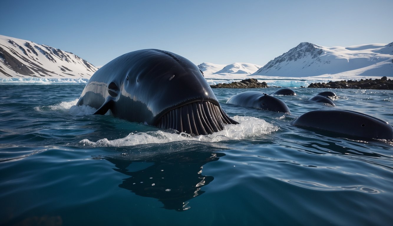 A pod of majestic bowhead whales gracefully swims through the crystal-clear waters of the Arctic, their ancient and weathered bodies a testament to their remarkable longevity