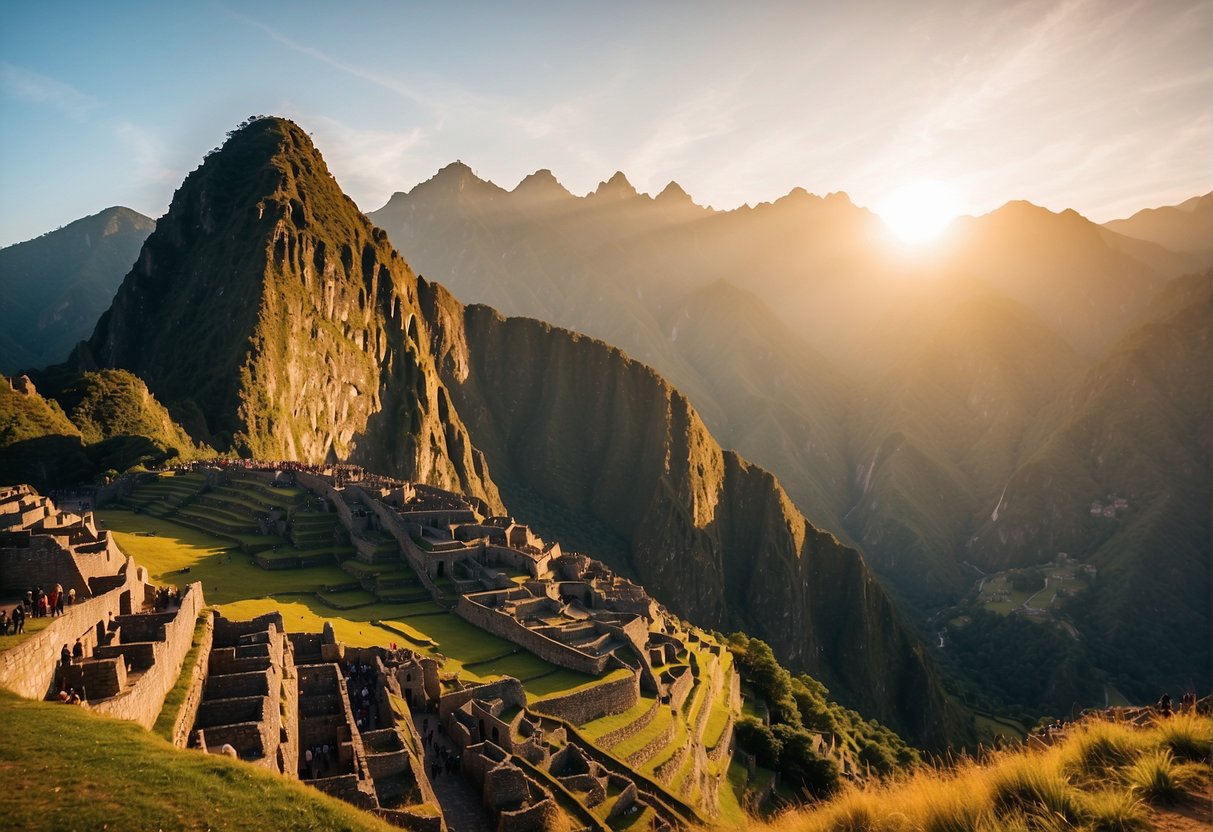 Sunrise over Machu Picchu, with misty mountains in the background and the ancient ruins bathed in soft golden light