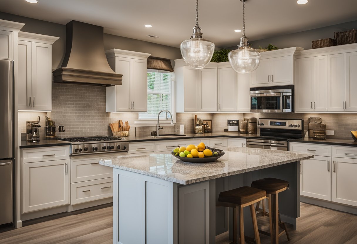 A kitchen island with measuring tape, pencil, and budget spreadsheet on a countertop surrounded by cabinets and appliances