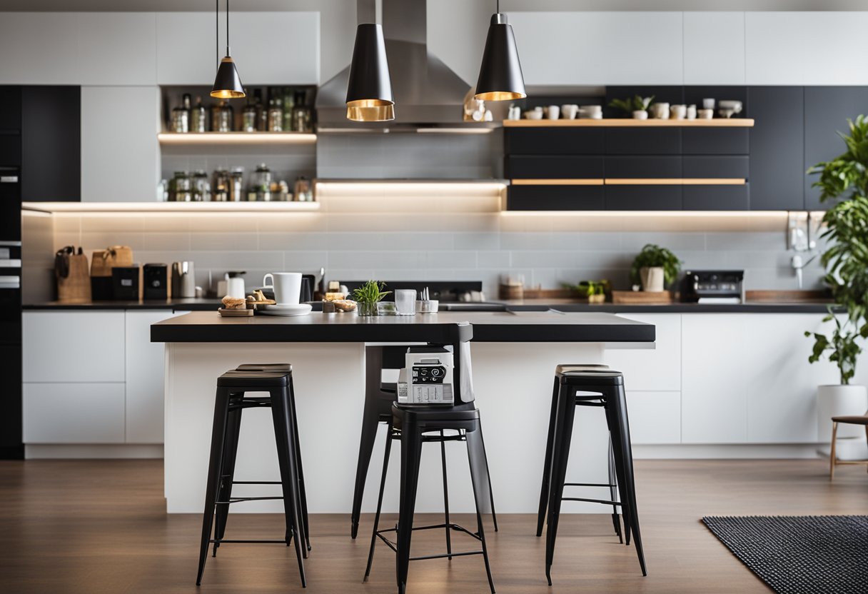 A modern kitchen island with a stack of FAQ pamphlets, a laptop, and a cup of coffee, surrounded by hanging pendant lights and bar stools