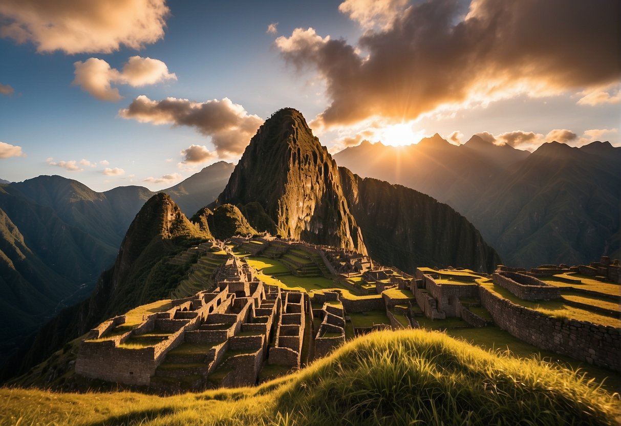 The sun sets behind the towering mountains, casting a warm golden glow over the ancient ruins of Machu Picchu. Lush greenery surrounds the site, with a few llamas grazing peacefully in the distance