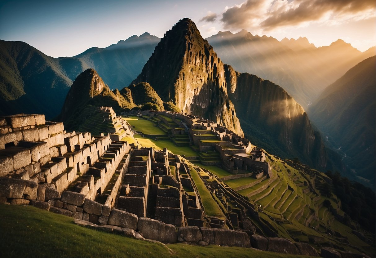 Sunrise over Machu Picchu, with misty mountains in the background and ancient ruins in the foreground