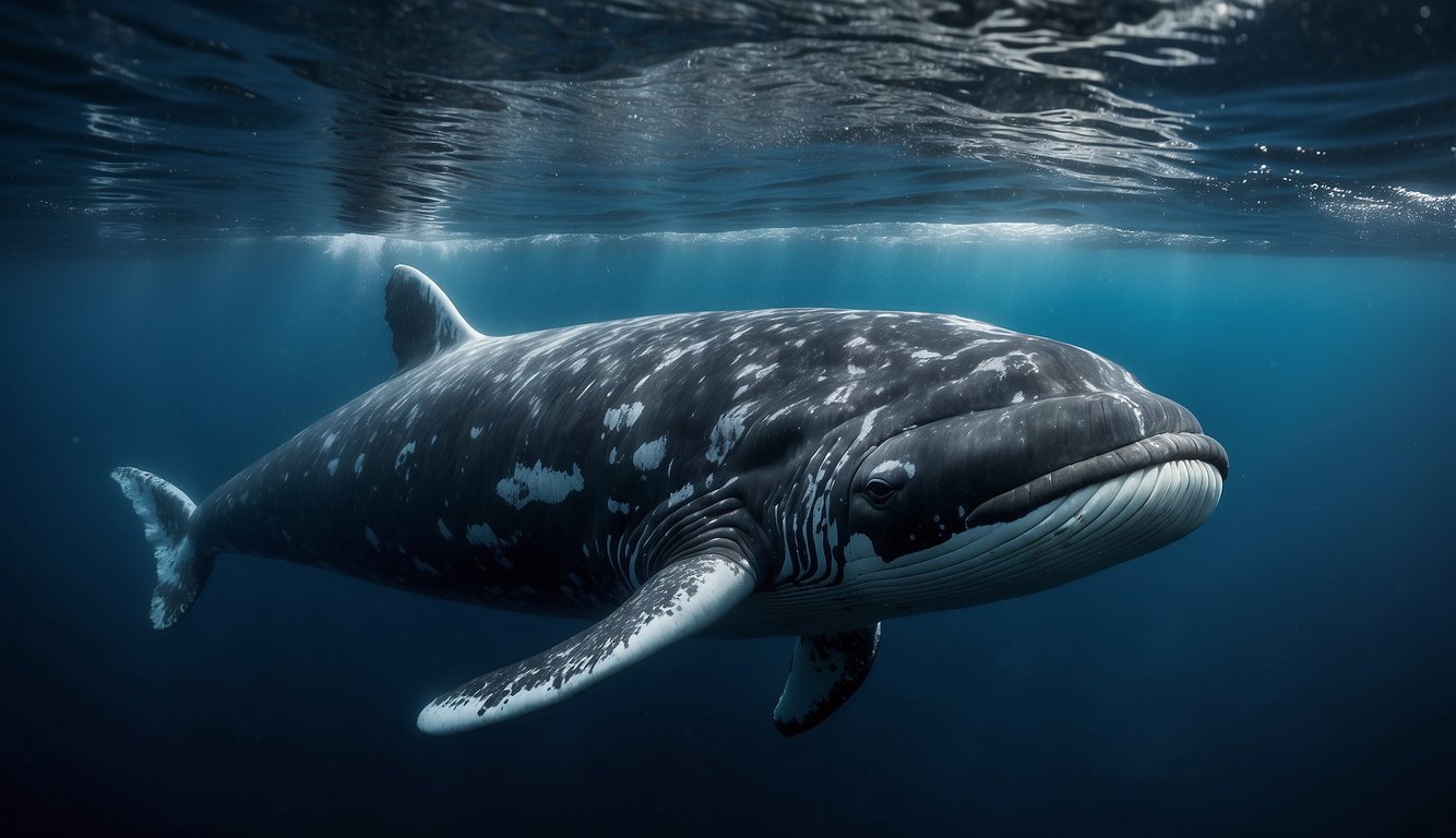 A majestic bowhead whale gracefully swims through the icy waters of the Arctic, its massive body adorned with barnacles and scars, a testament to its centuries-long life